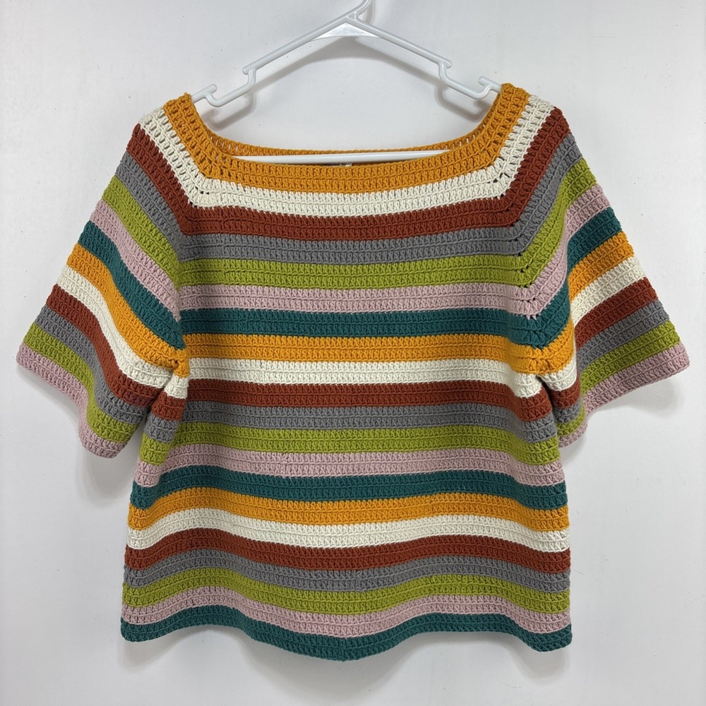 Handmade Striped Crochet Women's Short Sleeve Shirt Size L Boho‎ Hippie Retro